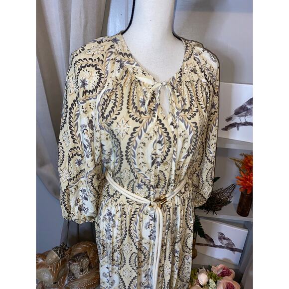 Harlow & Rose L  Boho Style Midi Dress Cream Paisley Floral Print Belt Dress - Picture 3 of 12